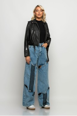 Jean loose fit wide leg με ανοίγματα μπλε