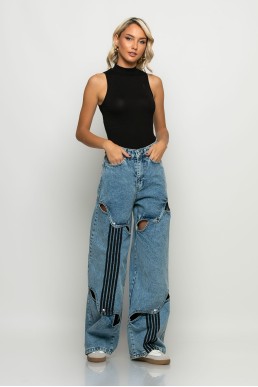 Jean loose fit wide leg με ανοίγματα μπλε