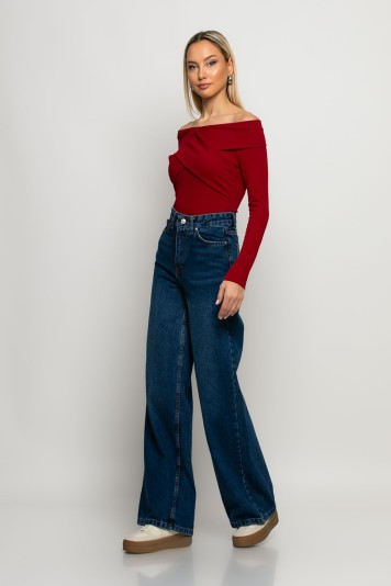 Jean mom fit wide leg μπλε σκούρο