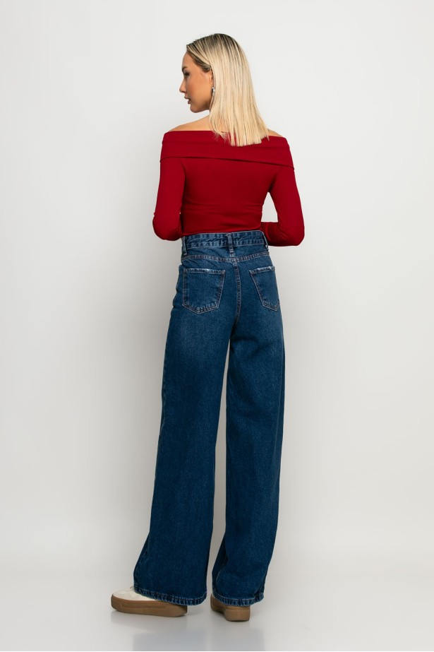 Jean mom fit wide leg μπλε σκούρο