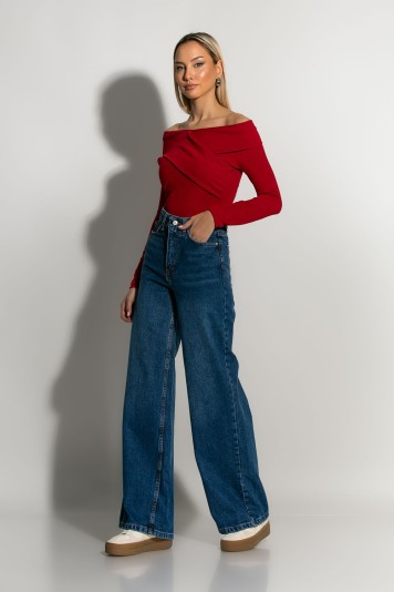 Jean mom fit wide leg μπλε σκούρο