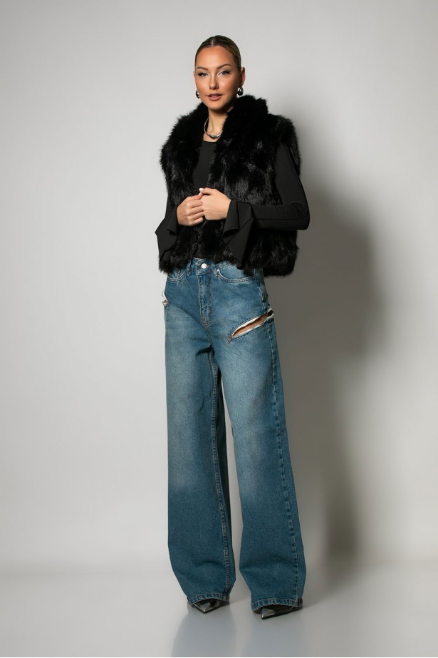 Jean wide leg loose fit με φερμουάρ στα πλαϊνα μπλε