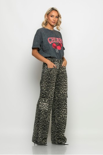 Cargo jean leopard print γκρι