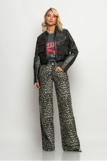 Cargo jean leopard print γκρι