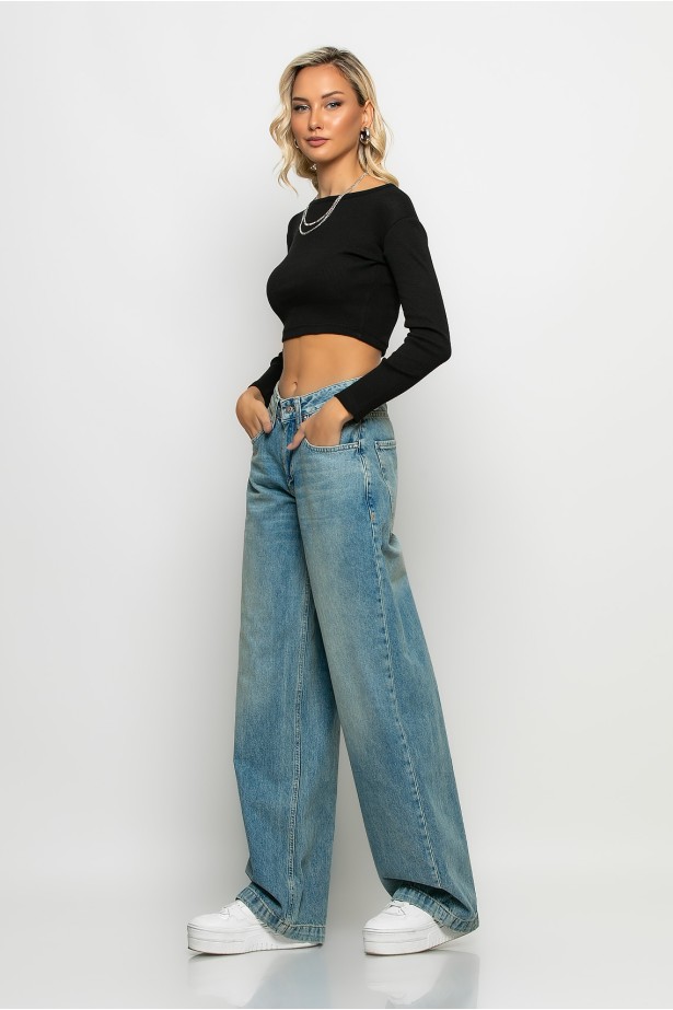 Jean wide leg με μεγάλες τσέπες μπλε