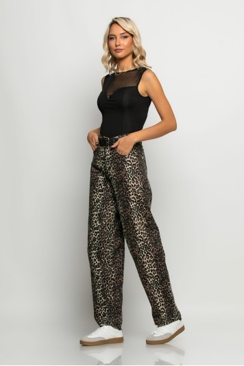 Jean loose fit leopard print καφέ