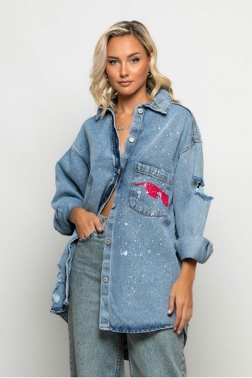 Jean jacket oversized με φθορές και στάμπα άγαλμα μπλε