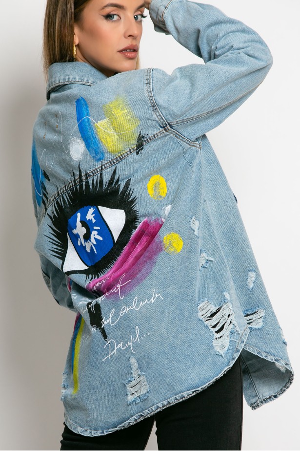 Jean jacket oversized με φθορές και στάμπα (eye) μπλε
