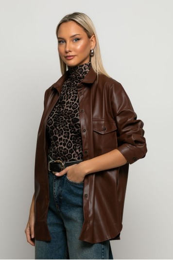 Leather jacket με κουμπιά και τσέπες καφέ