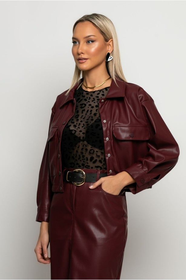 Leather bomber jacket με κουμπιά μπορντό