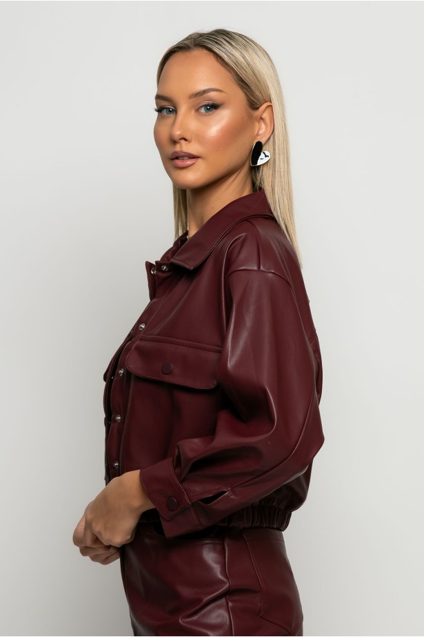 Leather bomber jacket με κουμπιά μπορντό