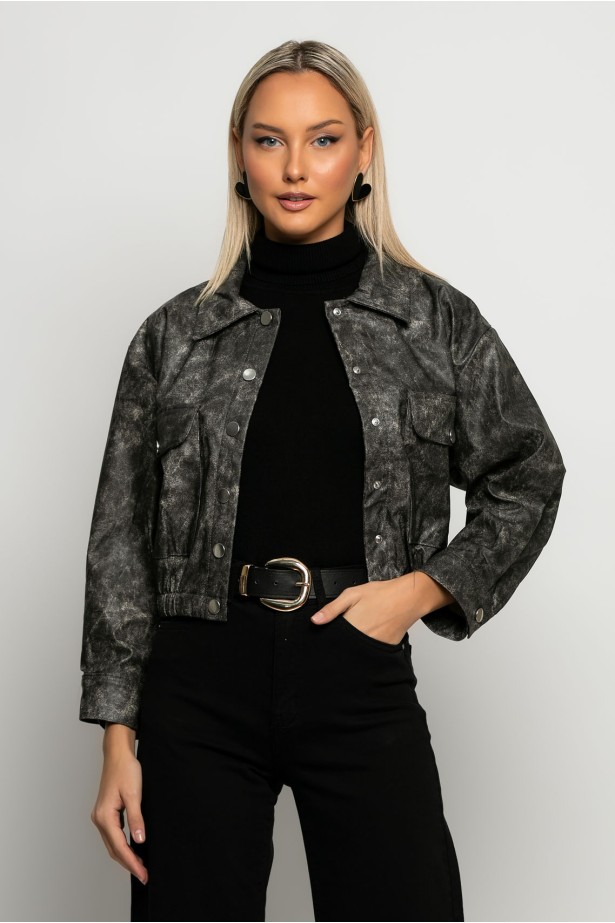 Leather bomber jacket με λάστιχο στην μέση γκρι