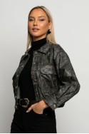 Leather bomber jacket με λάστιχο στην μέση γκρι