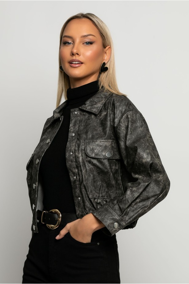 Leather bomber jacket με λάστιχο στην μέση γκρι