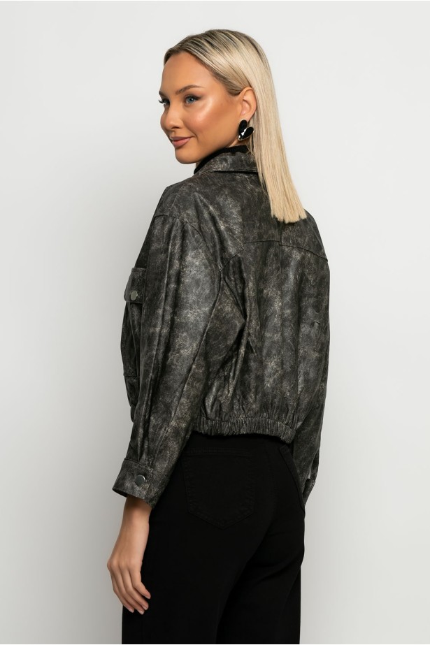 Leather bomber jacket με λάστιχο στην μέση γκρι