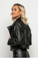 Jacket δερματίνη με ζώνη και φερμουάρ μαύρο