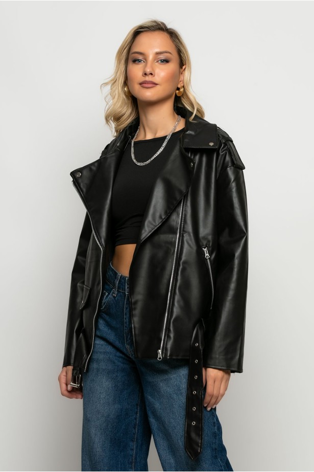 Oversized leather jacket μαύρο