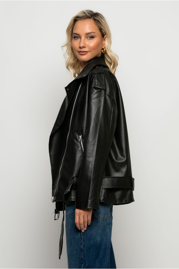 Oversized leather jacket μαύρο