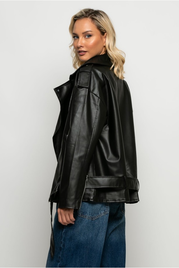 Oversized leather jacket μαύρο