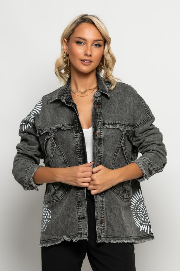 Jean jacket με φθορές και στάμπες ανθρακί