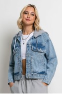 Jean jacket με μεγάλες τσέπες και αποσπώμενη κουκούλα μπλε ανοιχτό