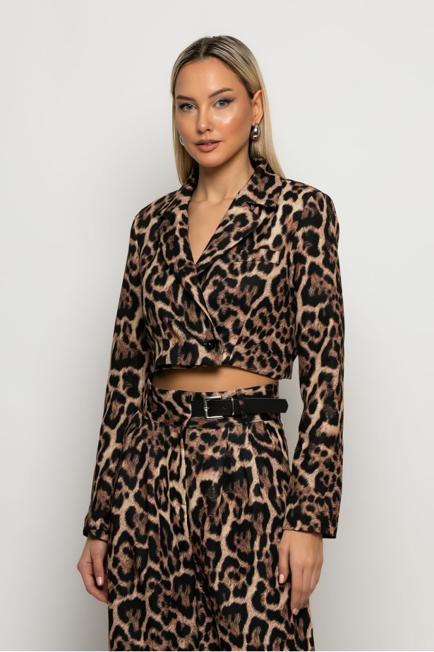 Cropped leopard print σακάκι μπεζ